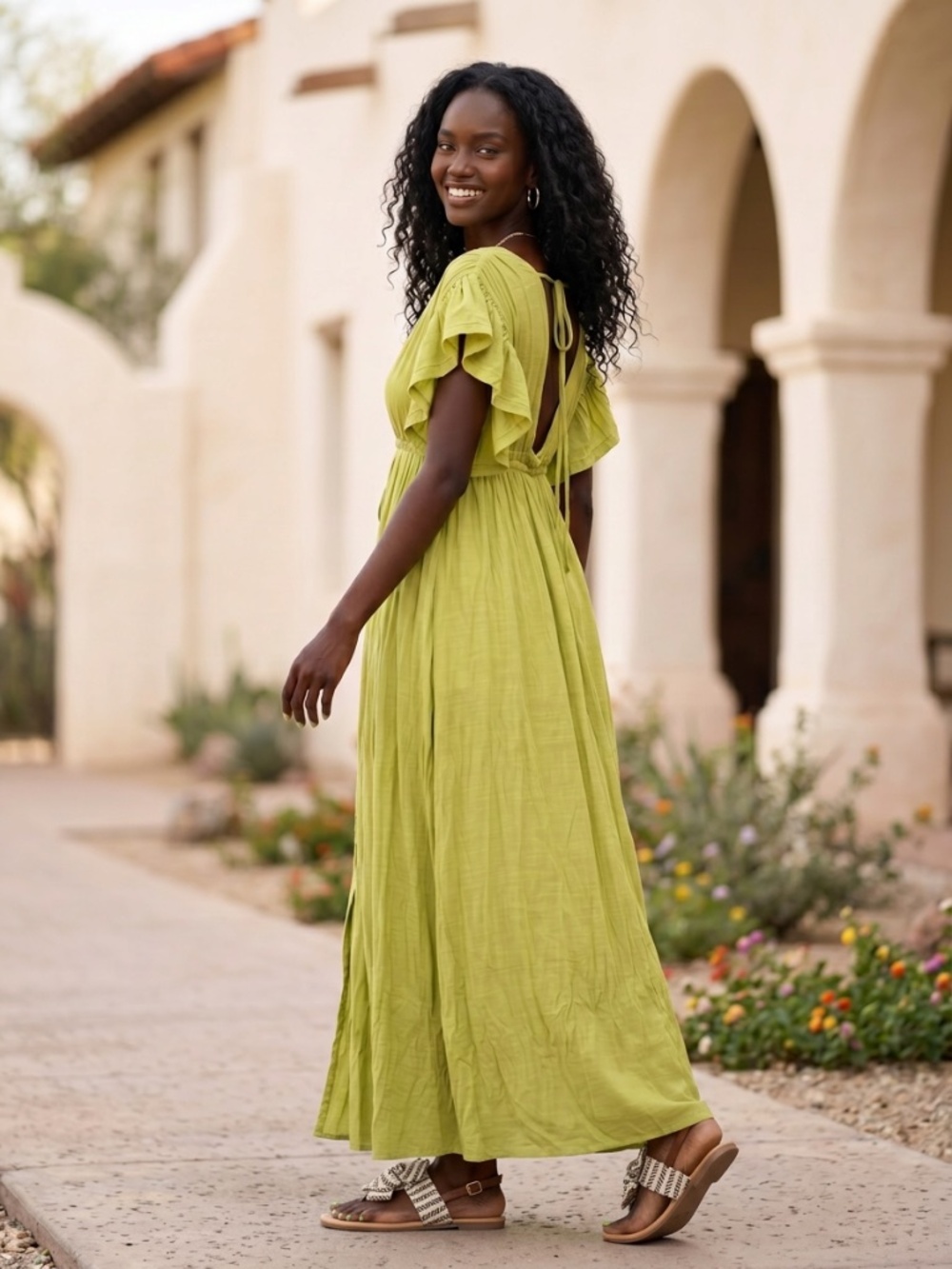 Peach Love Lime Green Gauze Button Front Maxi Dress | Deep V Drawstring Waist - Picture 5 of 8